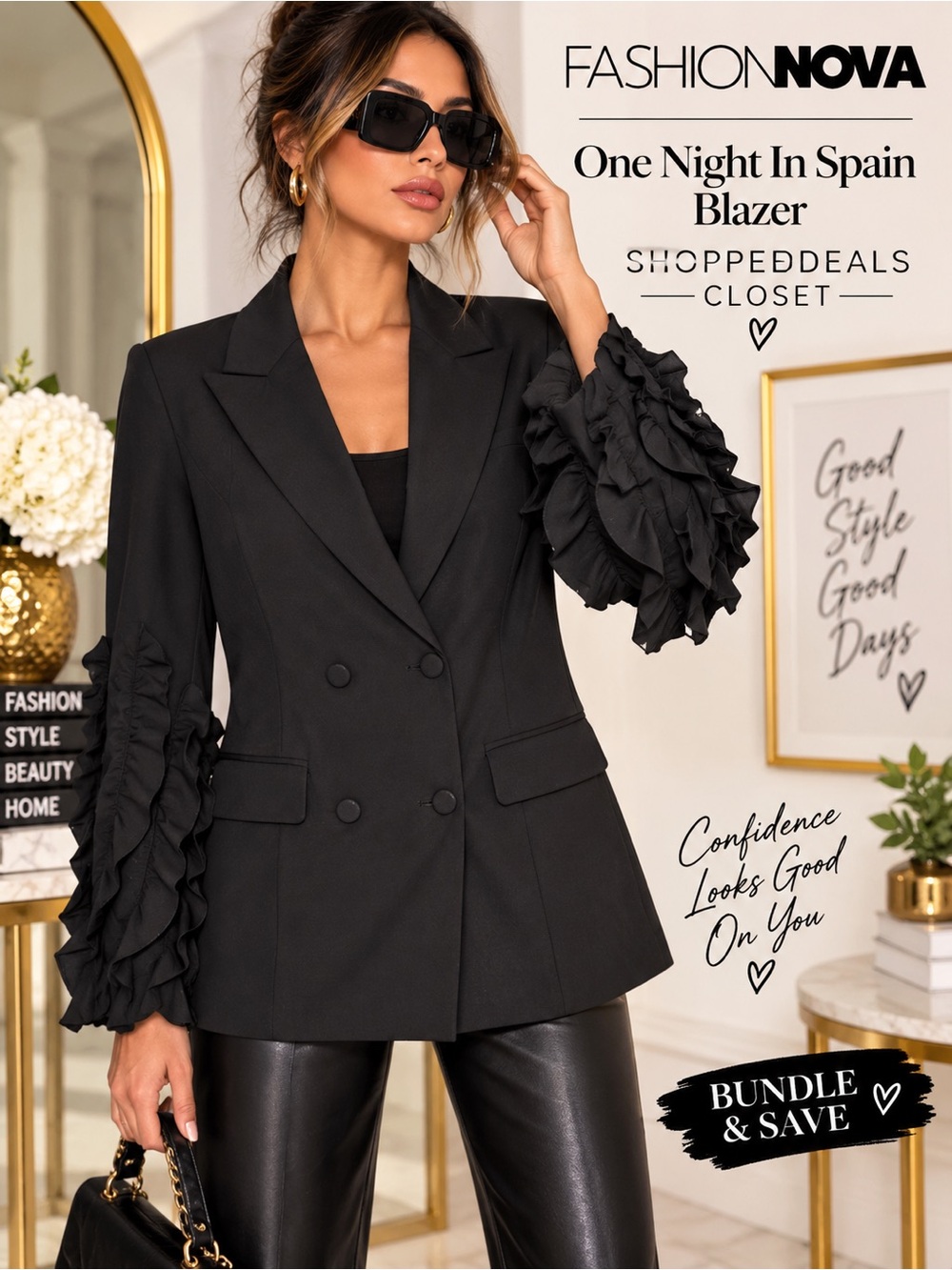 Fashion Nova One Night In Spain Ruffle Sleeve Double-Breasted Blazer Black L NWT